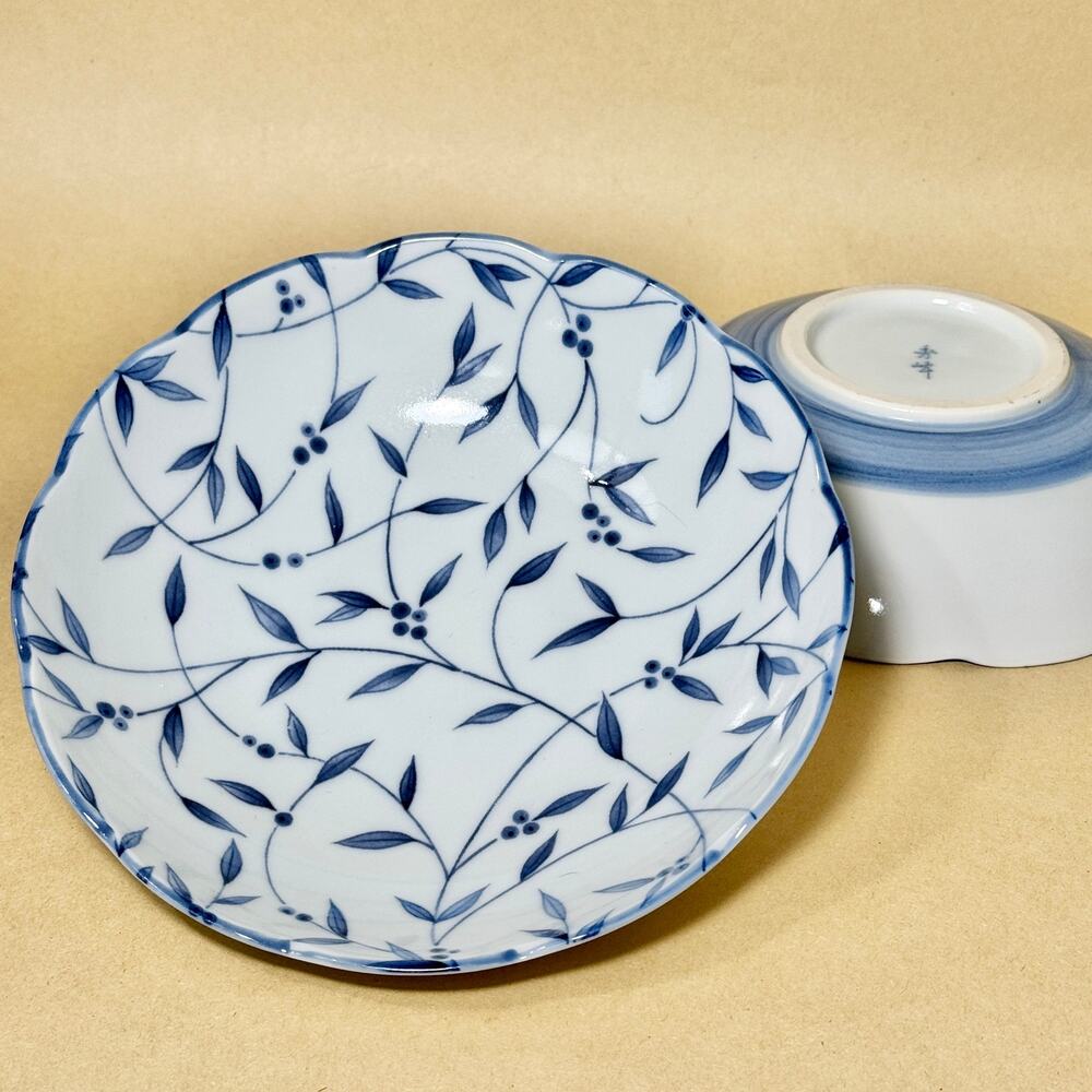 Vintage Japanese Blue and White Porcelain Floral Vine Bowls, Marked (Set of 2)